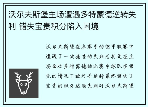沃尔夫斯堡主场遭遇多特蒙德逆转失利 错失宝贵积分陷入困境