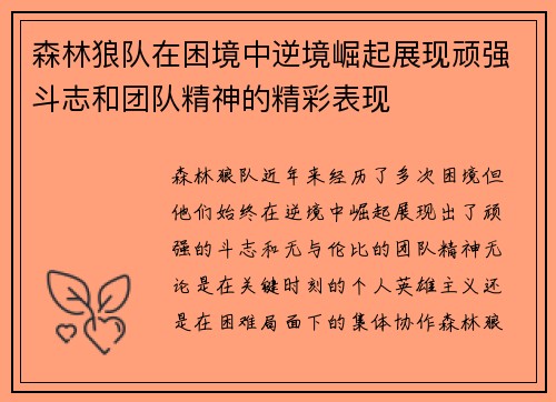 森林狼队在困境中逆境崛起展现顽强斗志和团队精神的精彩表现