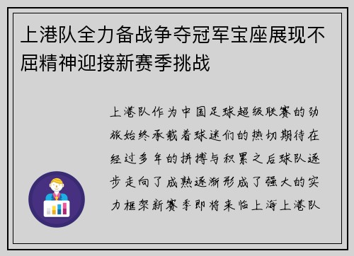 上港队全力备战争夺冠军宝座展现不屈精神迎接新赛季挑战