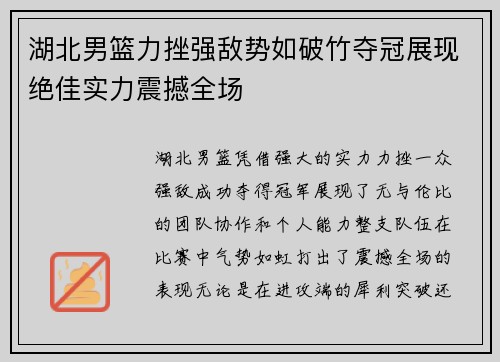 湖北男篮力挫强敌势如破竹夺冠展现绝佳实力震撼全场