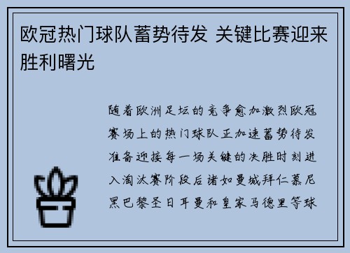 欧冠热门球队蓄势待发 关键比赛迎来胜利曙光