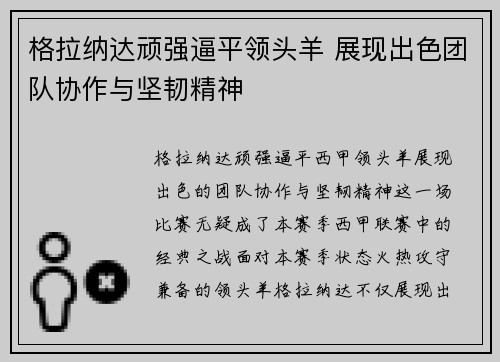格拉纳达顽强逼平领头羊 展现出色团队协作与坚韧精神
