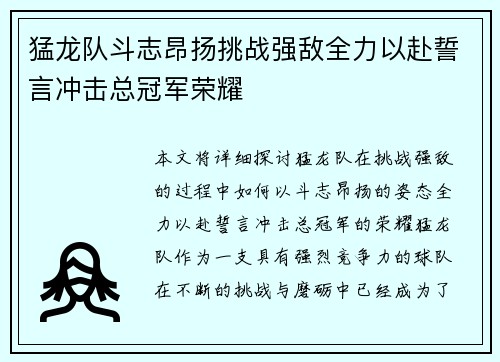 猛龙队斗志昂扬挑战强敌全力以赴誓言冲击总冠军荣耀