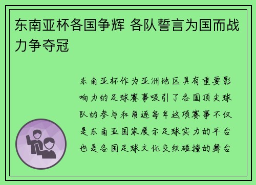东南亚杯各国争辉 各队誓言为国而战力争夺冠