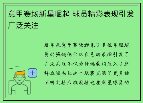 意甲赛场新星崛起 球员精彩表现引发广泛关注