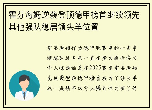 霍芬海姆逆袭登顶德甲榜首继续领先其他强队稳居领头羊位置